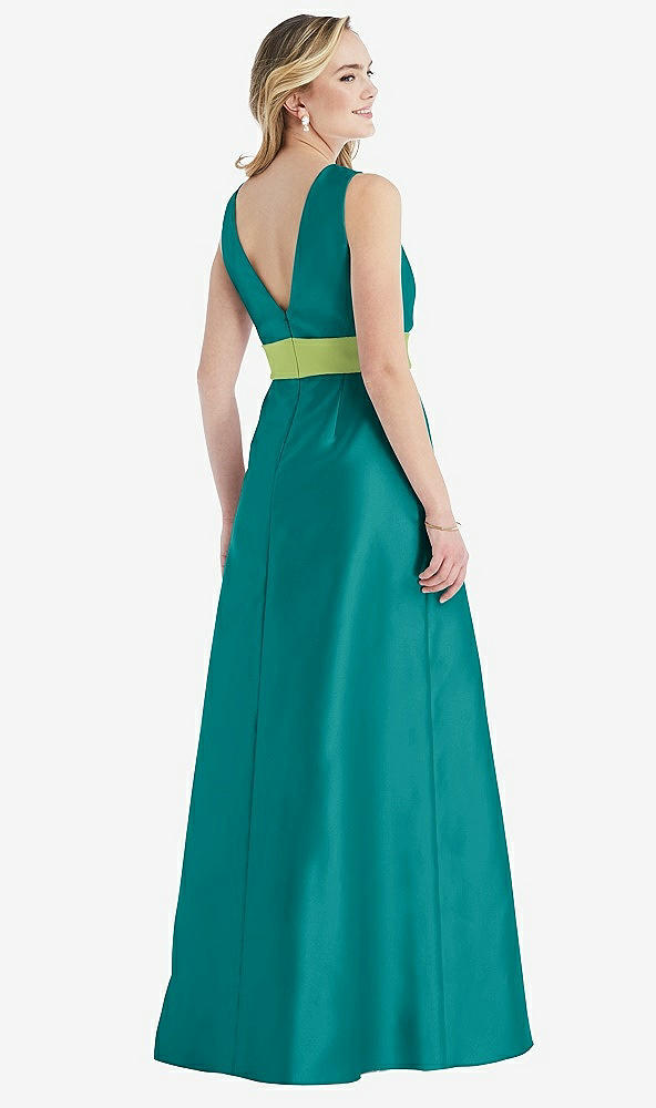 Back View - Jade & Mojito High-Neck Asymmetrical Shirred Satin Maxi Dress with Pockets