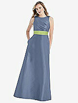 Front View Thumbnail - Larkspur Blue & Mojito High-Neck Asymmetrical Shirred Satin Maxi Dress with Pockets