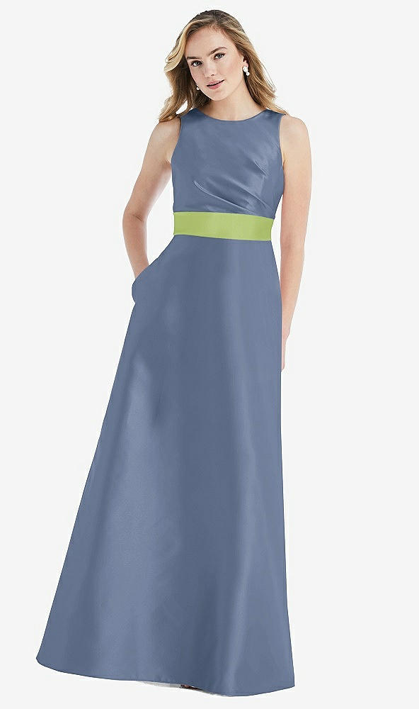 Front View - Larkspur Blue & Mojito High-Neck Asymmetrical Shirred Satin Maxi Dress with Pockets