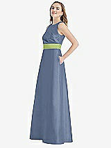 Side View Thumbnail - Larkspur Blue & Mojito High-Neck Asymmetrical Shirred Satin Maxi Dress with Pockets