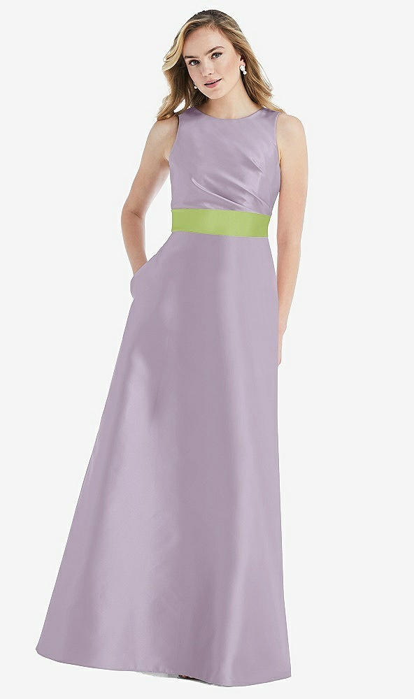 Front View - Lilac Haze & Mojito High-Neck Asymmetrical Shirred Satin Maxi Dress with Pockets