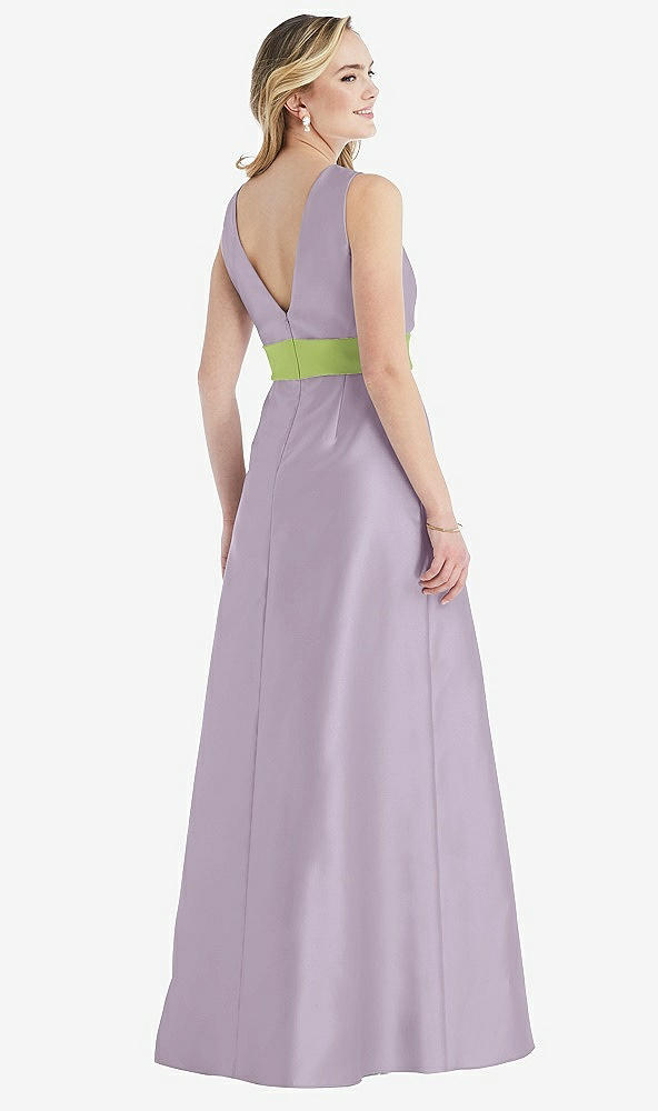 Back View - Lilac Haze & Mojito High-Neck Asymmetrical Shirred Satin Maxi Dress with Pockets