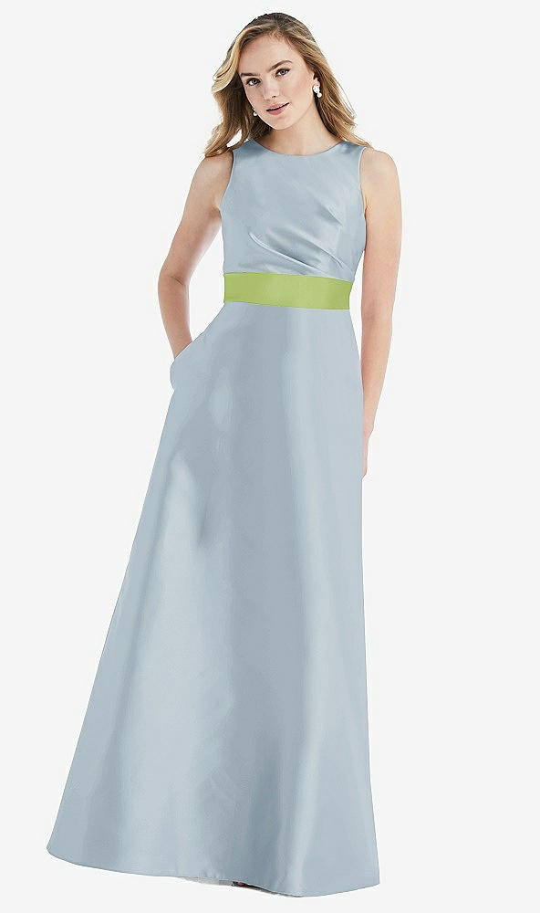 Front View - Mist & Mojito High-Neck Asymmetrical Shirred Satin Maxi Dress with Pockets