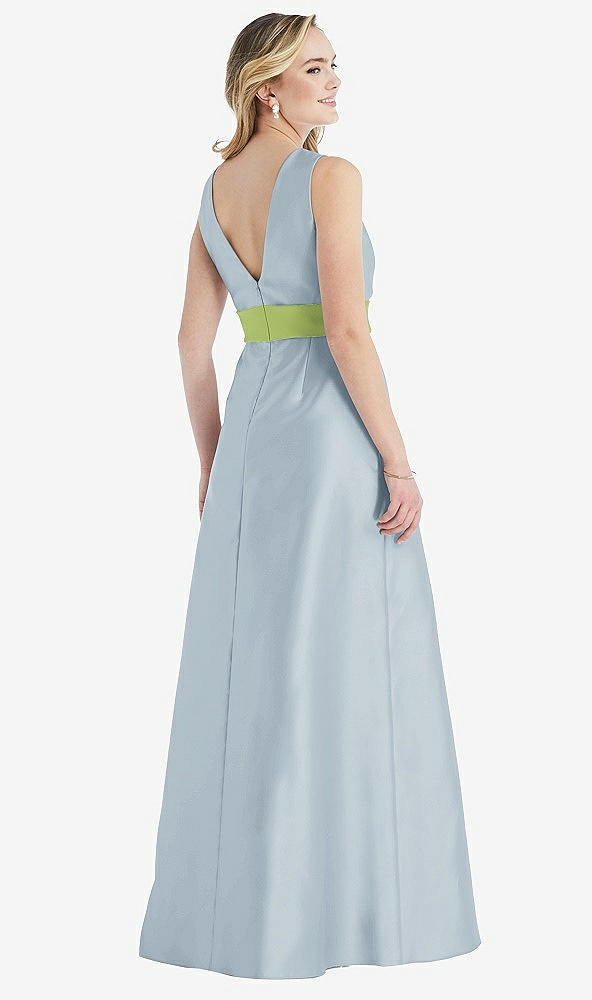 Back View - Mist & Mojito High-Neck Asymmetrical Shirred Satin Maxi Dress with Pockets