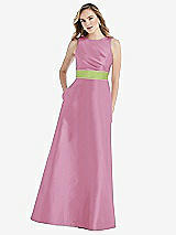 Front View Thumbnail - Powder Pink & Mojito High-Neck Asymmetrical Shirred Satin Maxi Dress with Pockets