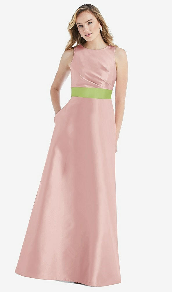 Front View - Rose & Mojito High-Neck Asymmetrical Shirred Satin Maxi Dress with Pockets