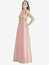 Side View Thumbnail - Rose & Mojito High-Neck Asymmetrical Shirred Satin Maxi Dress with Pockets