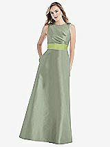 Front View Thumbnail - Sage & Mojito High-Neck Asymmetrical Shirred Satin Maxi Dress with Pockets