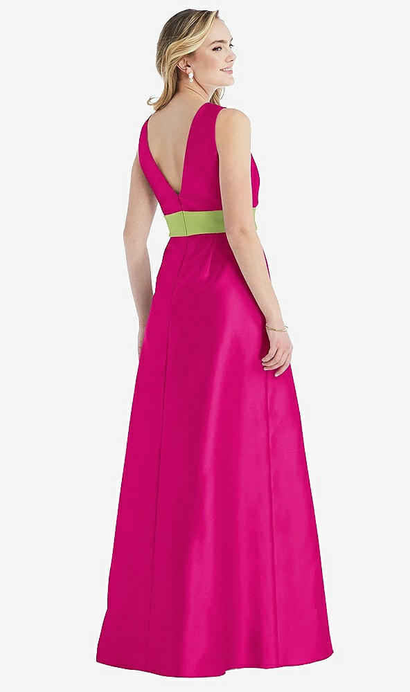 Back View - Think Pink & Mojito High-Neck Asymmetrical Shirred Satin Maxi Dress with Pockets