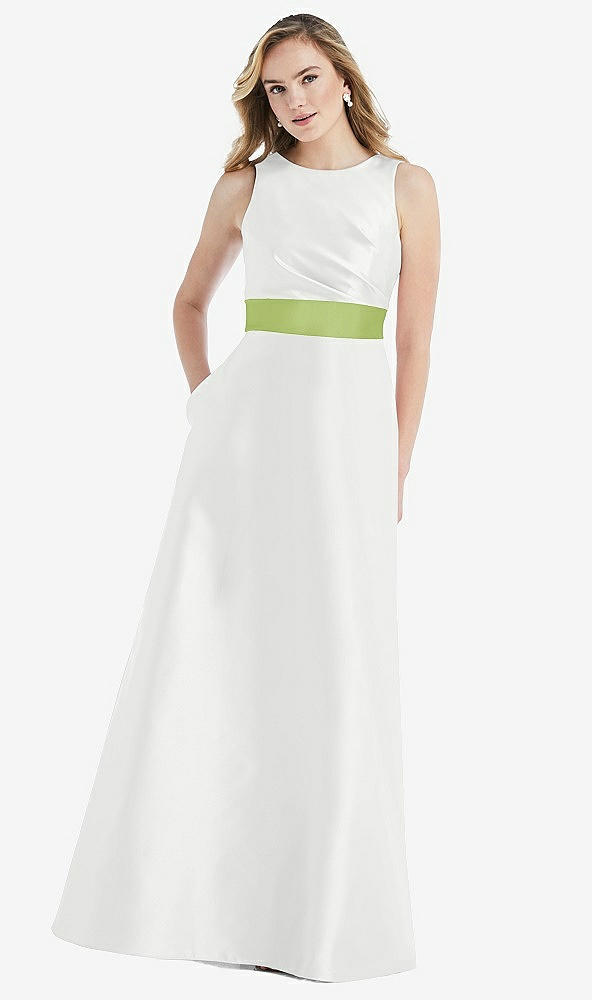Front View - White & Mojito High-Neck Asymmetrical Shirred Satin Maxi Dress with Pockets
