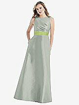 Front View Thumbnail - Willow Green & Mojito High-Neck Asymmetrical Shirred Satin Maxi Dress with Pockets