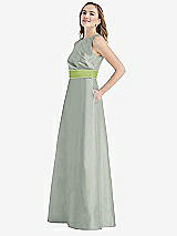 Side View Thumbnail - Willow Green & Mojito High-Neck Asymmetrical Shirred Satin Maxi Dress with Pockets