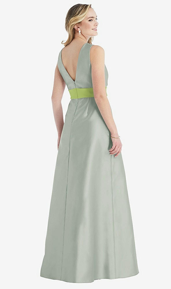 Back View - Willow Green & Mojito High-Neck Asymmetrical Shirred Satin Maxi Dress with Pockets