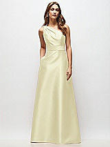 Front View Thumbnail - Butter Yellow Draped One-Shoulder Satin Maxi Dress with Pockets