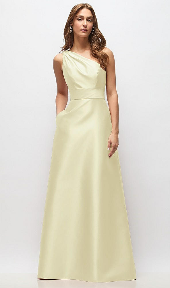 Front View - Butter Yellow Draped One-Shoulder Satin Maxi Dress with Pockets