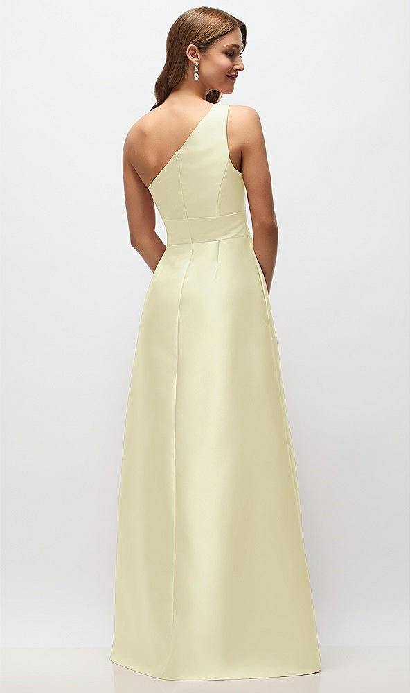 Back View - Butter Yellow Draped One-Shoulder Satin Maxi Dress with Pockets