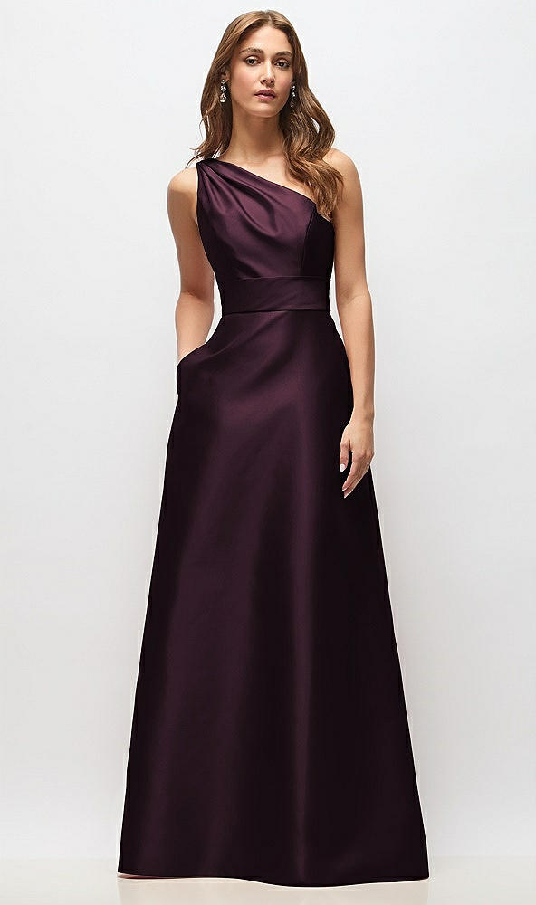 Front View - Deep Plum Draped One-Shoulder Satin Maxi Dress with Pockets