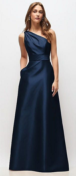 Draped One-Shoulder Satin Maxi Dress with Pockets