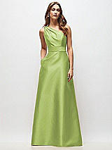 Front View Thumbnail - Mojito Draped One-Shoulder Satin Maxi Dress with Pockets