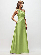 Side View Thumbnail - Mojito Draped One-Shoulder Satin Maxi Dress with Pockets
