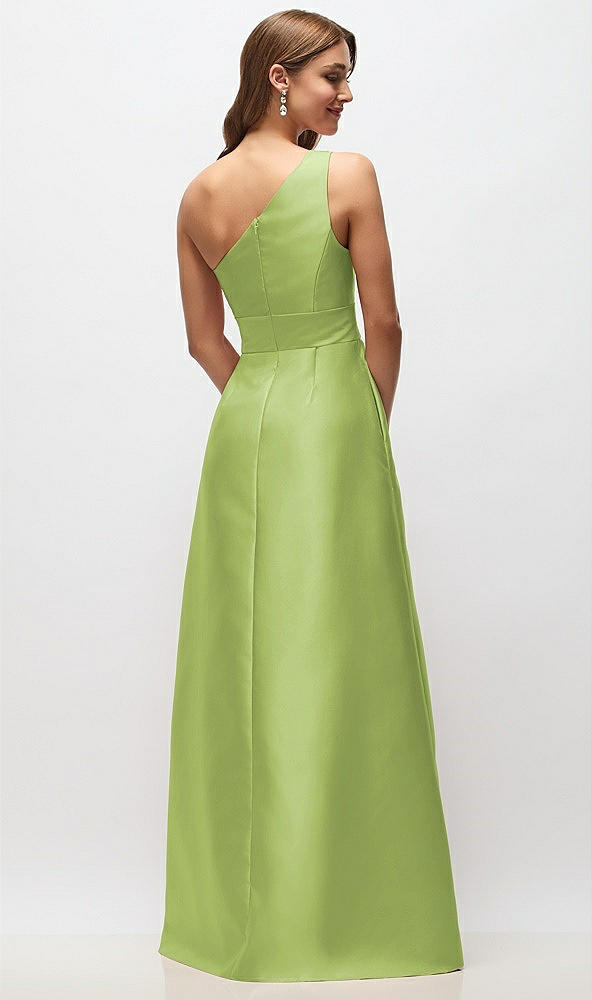 Back View - Mojito Draped One-Shoulder Satin Maxi Dress with Pockets