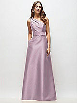 Front View Thumbnail - Suede Rose Draped One-Shoulder Satin Maxi Dress with Pockets