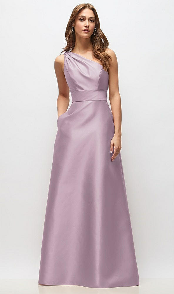Front View - Suede Rose Draped One-Shoulder Satin Maxi Dress with Pockets