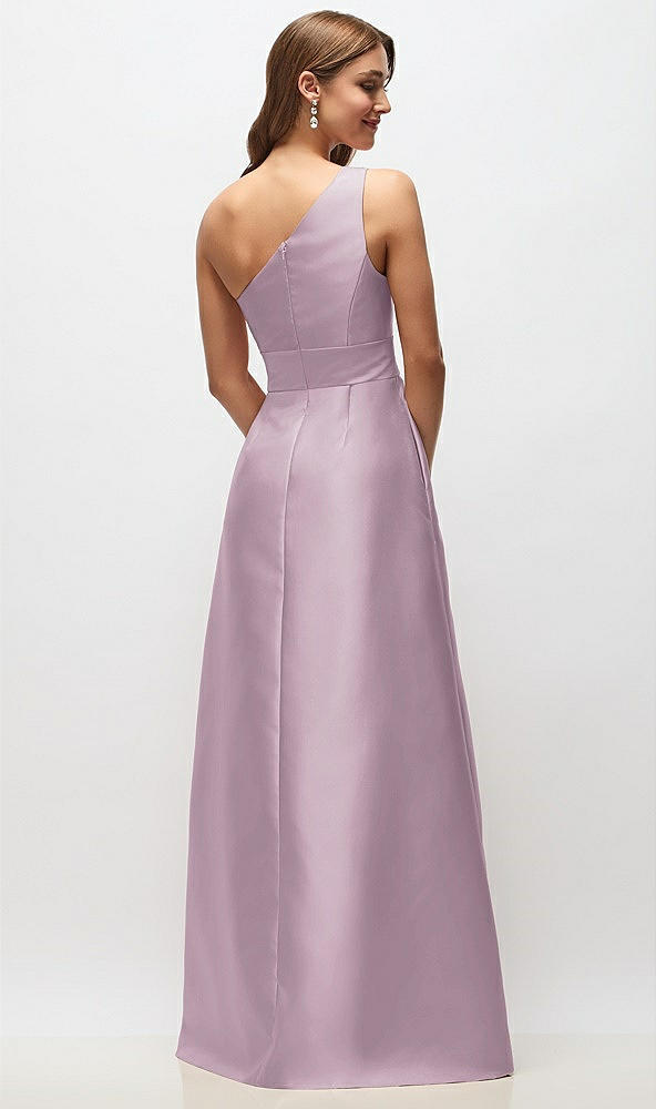 Back View - Suede Rose Draped One-Shoulder Satin Maxi Dress with Pockets