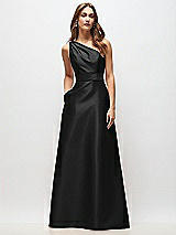 Front View Thumbnail - Black Draped One-Shoulder Satin Maxi Dress with Pockets