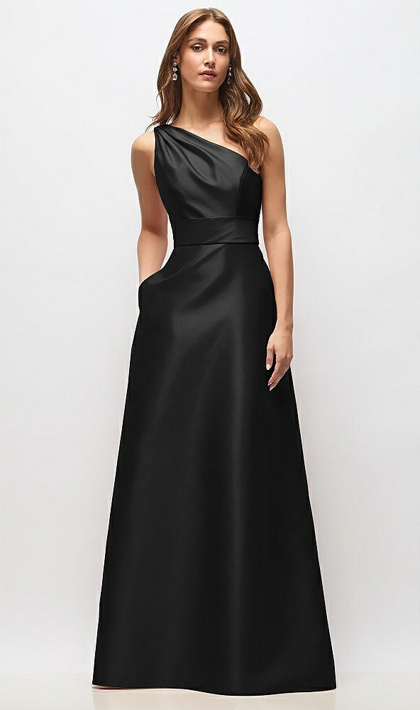 Front View - Black Draped One-Shoulder Satin Maxi Dress with Pockets