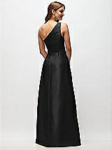 Rear View Thumbnail - Black Draped One-Shoulder Satin Maxi Dress with Pockets