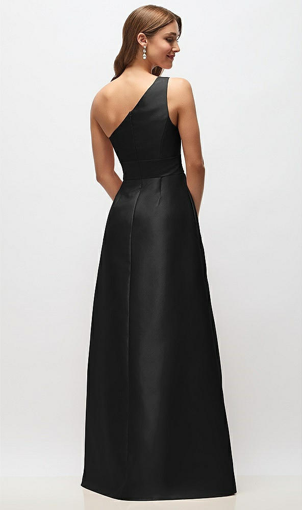 Back View - Black Draped One-Shoulder Satin Maxi Dress with Pockets