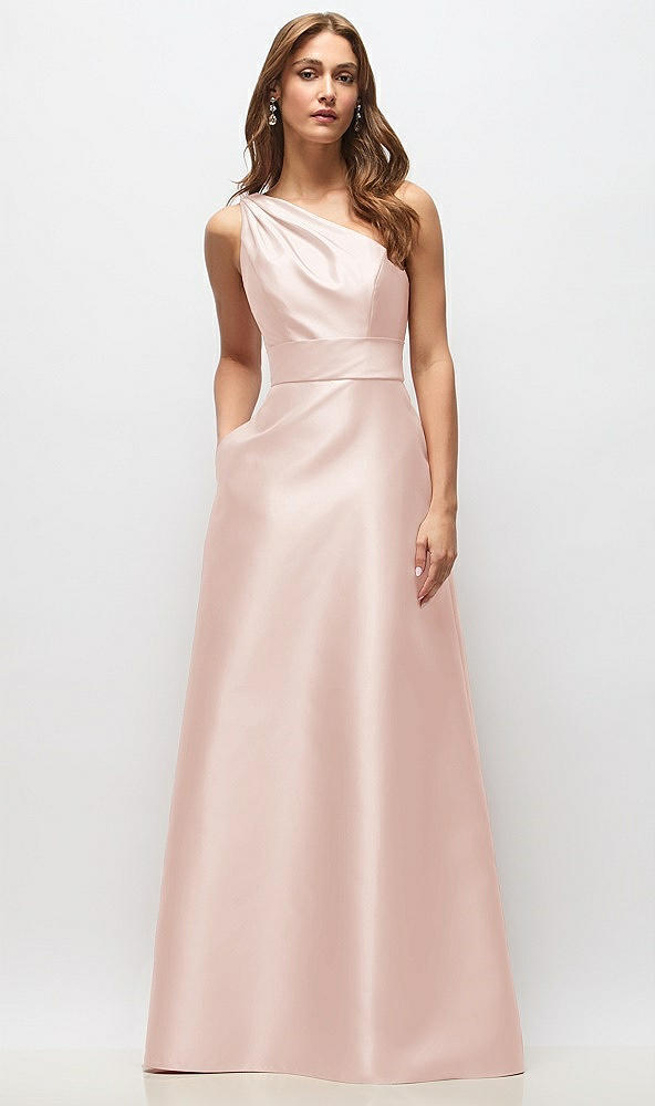 Front View - Blush Draped One-Shoulder Satin Maxi Dress with Pockets