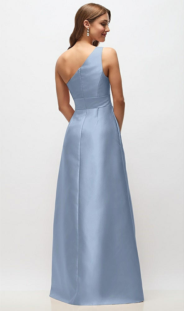 Back View - Cloudy Draped One-Shoulder Satin Maxi Dress with Pockets
