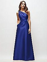 Front View Thumbnail - Cobalt Blue Draped One-Shoulder Satin Maxi Dress with Pockets