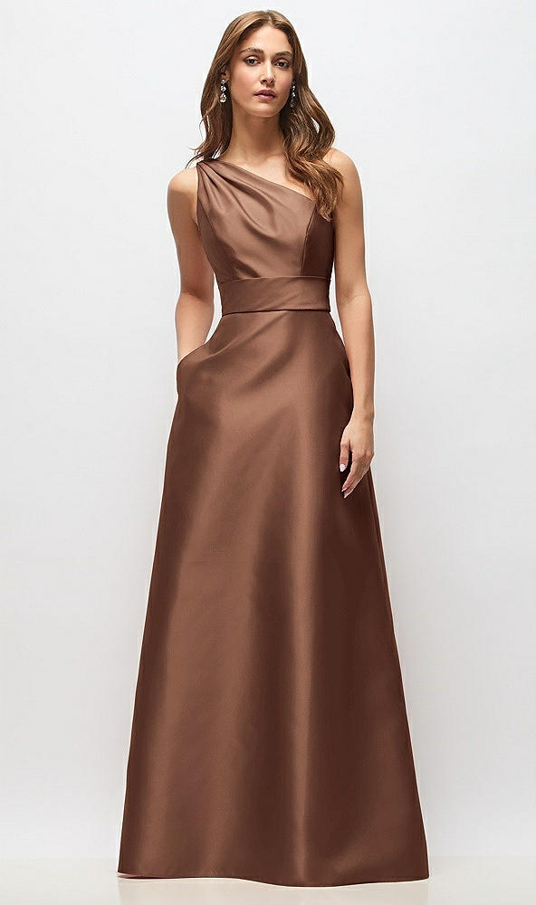 Front View - Cognac Draped One-Shoulder Satin Maxi Dress with Pockets