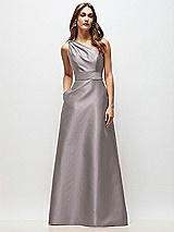 Front View Thumbnail - Cashmere Gray Draped One-Shoulder Satin Maxi Dress with Pockets