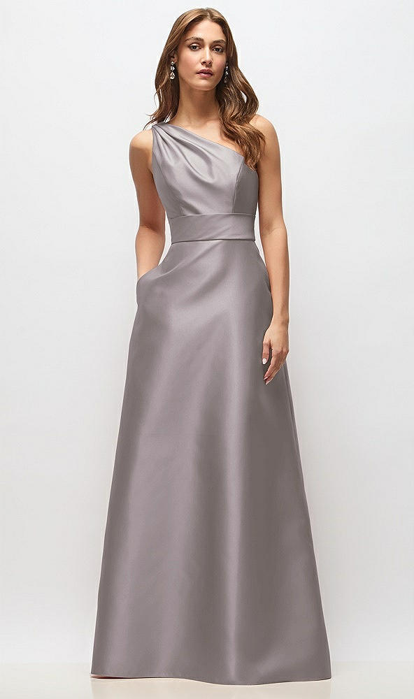 Front View - Cashmere Gray Draped One-Shoulder Satin Maxi Dress with Pockets