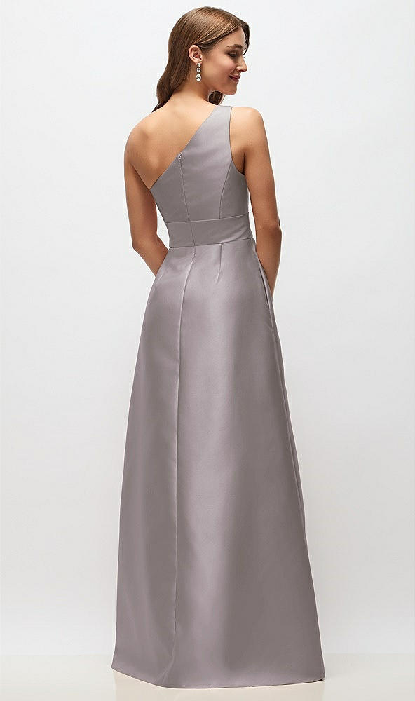 Back View - Cashmere Gray Draped One-Shoulder Satin Maxi Dress with Pockets