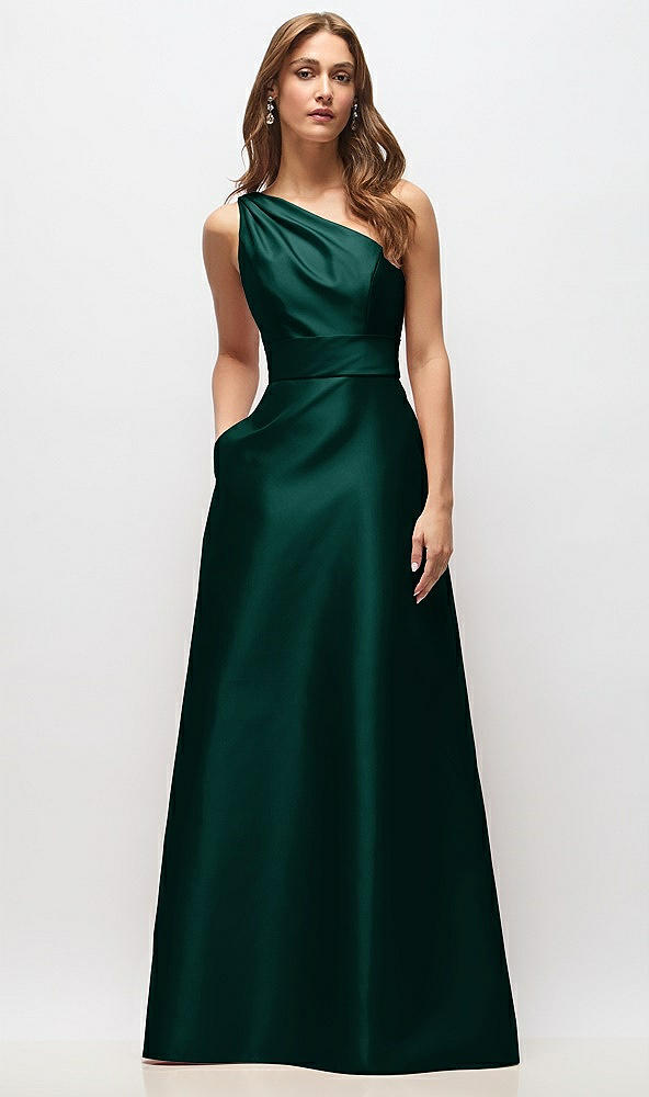 Front View - Evergreen Draped One-Shoulder Satin Maxi Dress with Pockets