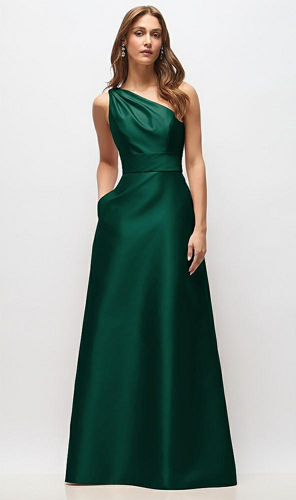 Front View - Hunter Green Draped One-Shoulder Satin Maxi Dress with Pockets