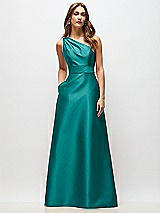 Front View Thumbnail - Jade Draped One-Shoulder Satin Maxi Dress with Pockets