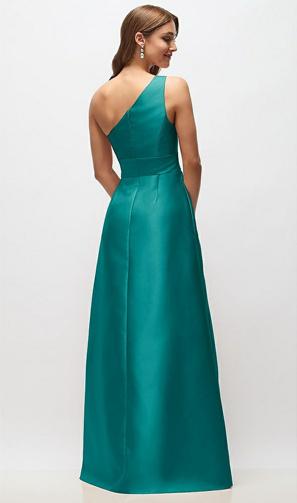 Back View - Jade Draped One-Shoulder Satin Maxi Dress with Pockets