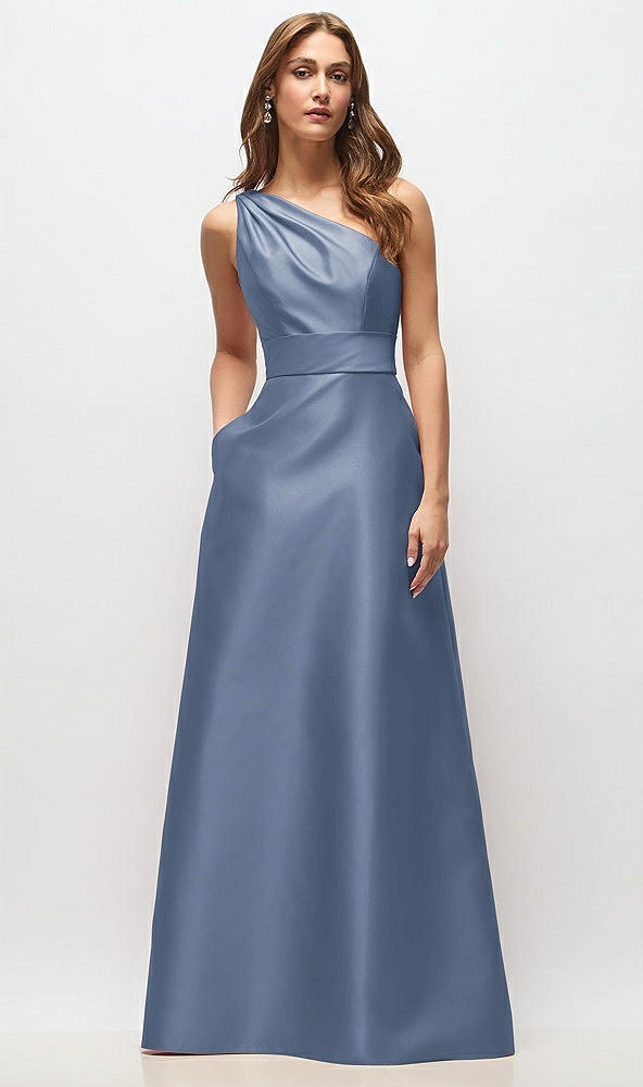 Front View - Larkspur Blue Draped One-Shoulder Satin Maxi Dress with Pockets