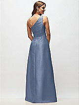 Rear View Thumbnail - Larkspur Blue Draped One-Shoulder Satin Maxi Dress with Pockets