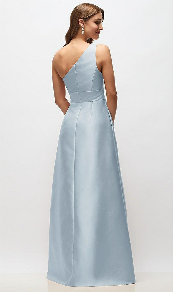 Back View - Mist Draped One-Shoulder Satin Maxi Dress with Pockets