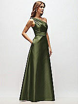 Side View Thumbnail - Olive Green Draped One-Shoulder Satin Maxi Dress with Pockets