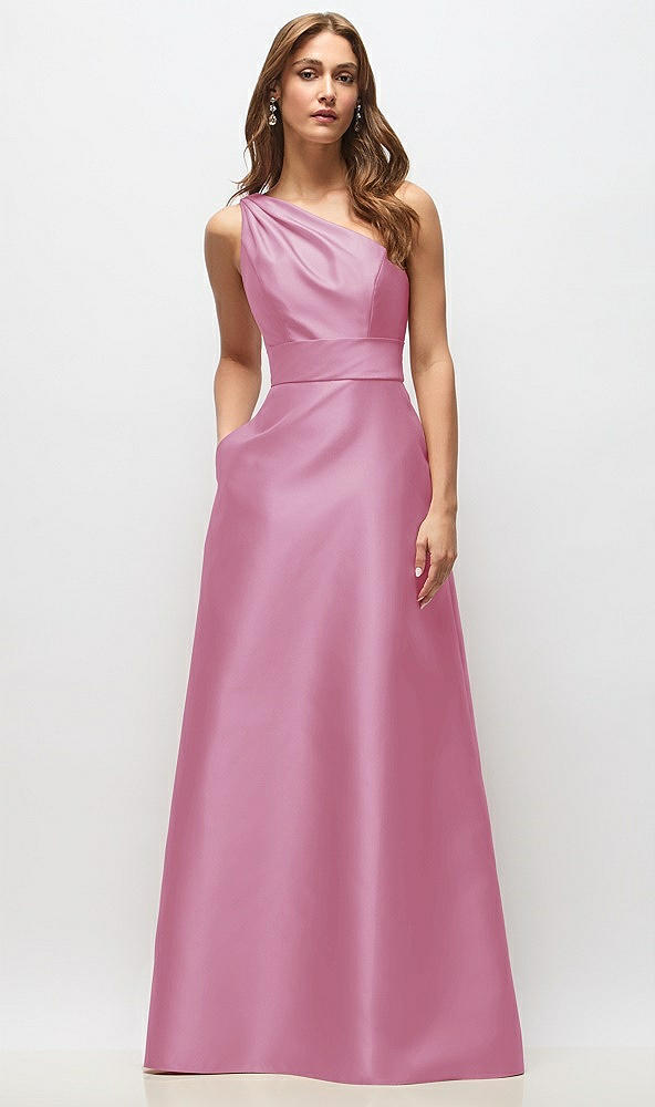 Front View - Powder Pink Draped One-Shoulder Satin Maxi Dress with Pockets