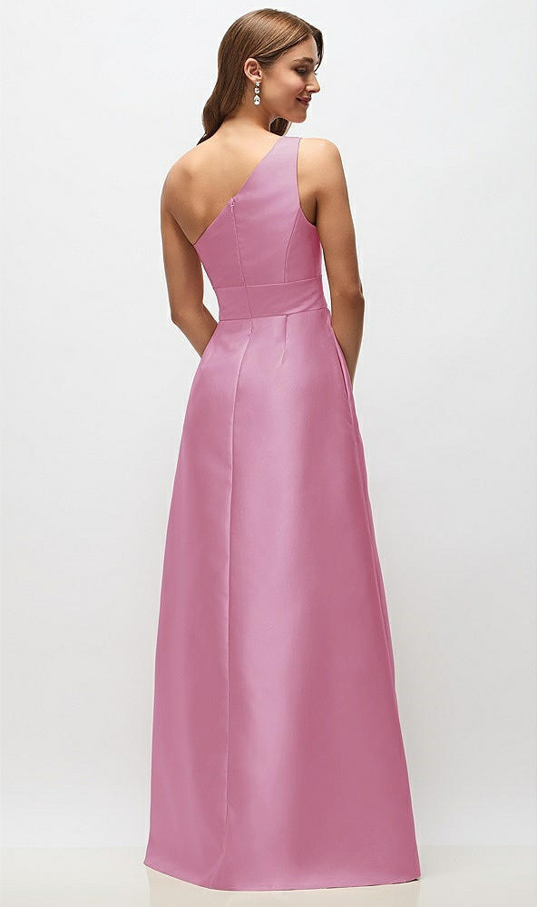Back View - Powder Pink Draped One-Shoulder Satin Maxi Dress with Pockets