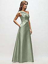Side View Thumbnail - Sage Draped One-Shoulder Satin Maxi Dress with Pockets